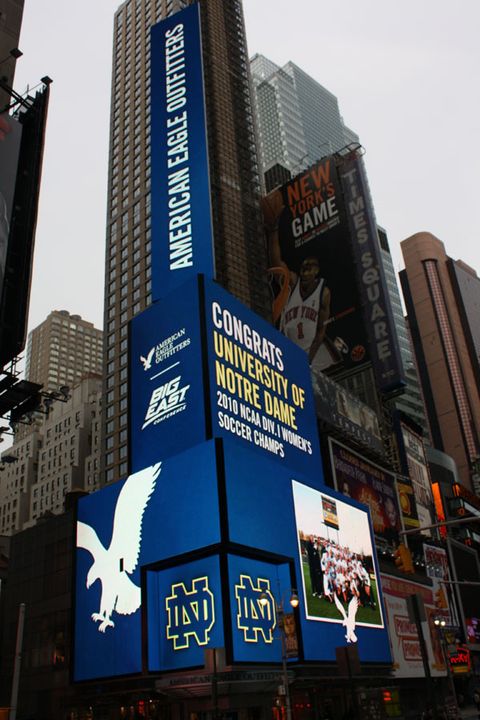 Special congratulatory messages to the 2010 national champion Notre Dame women's soccer team will appear on the video screens in New York's Times Square from Friday-Sunday, Dec. 10-12.