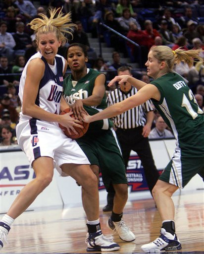 No. 7 Connecticut Holds Off Notre Dame In BIG EAST Quarterfinals, 71-60 Notre Dame's Megan Duffy, right, and Charel Allen, center, try to pull the ball away from Connecticut's Ann Strother in the second half. (AP Photo/Bob Child)