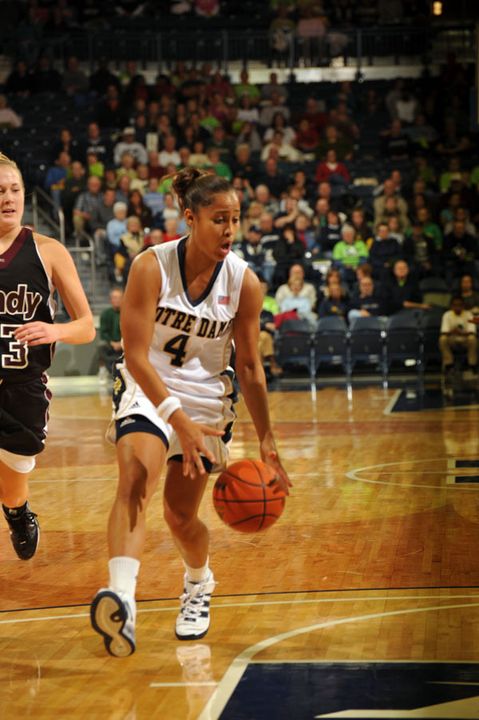Freshman guard Skylar Diggins shared game-high scoring honors with 17 points, leading six Notre Dame players in double figures, as the fourth-ranked Irish defeated Indianapolis, 97-53 in an exhibition game on Tuesday night at the newly-remodeled Purcell Pavilion at the Joyce Center.