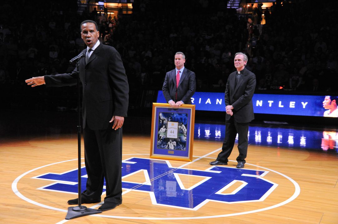 Dantley addresses the crowd at halftime of the Notre Dame men's basketball game versus Providence