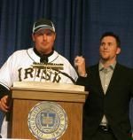 Roger Clemens showed his love for Notre Dame while quickly slipping into a #22 ND baseball jersey with his name on it while giving plenty of praise to his closer with the Houston Astros (and former ND standout) Brad Lidge.