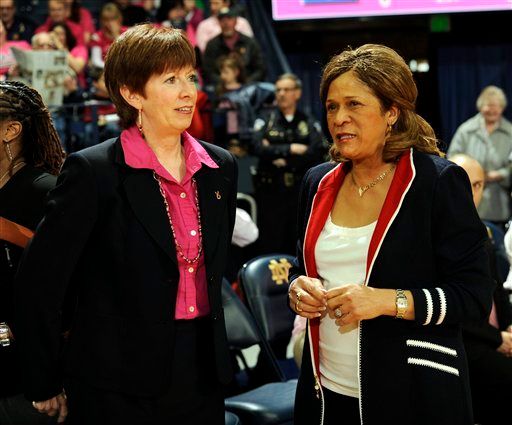 C. Vivian Stringer (right) speaks with Muffet McGraw before the Notre Dame-Rutgers matchup this season