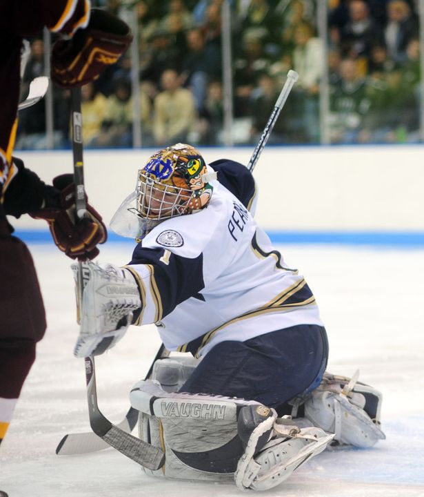 Jordan Pearce returned to his home state to stop 32 shots in Notre Dame's 2-1 win over Alaska on Friday night.