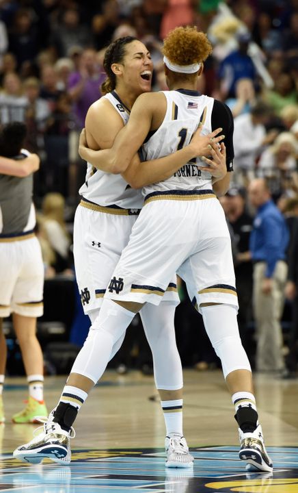 Sophomore forward Taya Reimer (left) and freshman forward Brianna Turner (right) played critical roles with their superb post play in Notre Dame's Final Four win over South Carolina Sunday night.