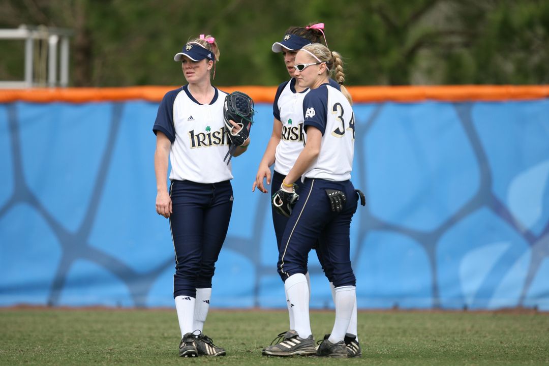 Ashley Ellis (left), Brianna Jorgensborg, and Sarah Smith combined for five of Notre Dame's 13 hits against UC Davis on Saturday at the Worth Invitational.