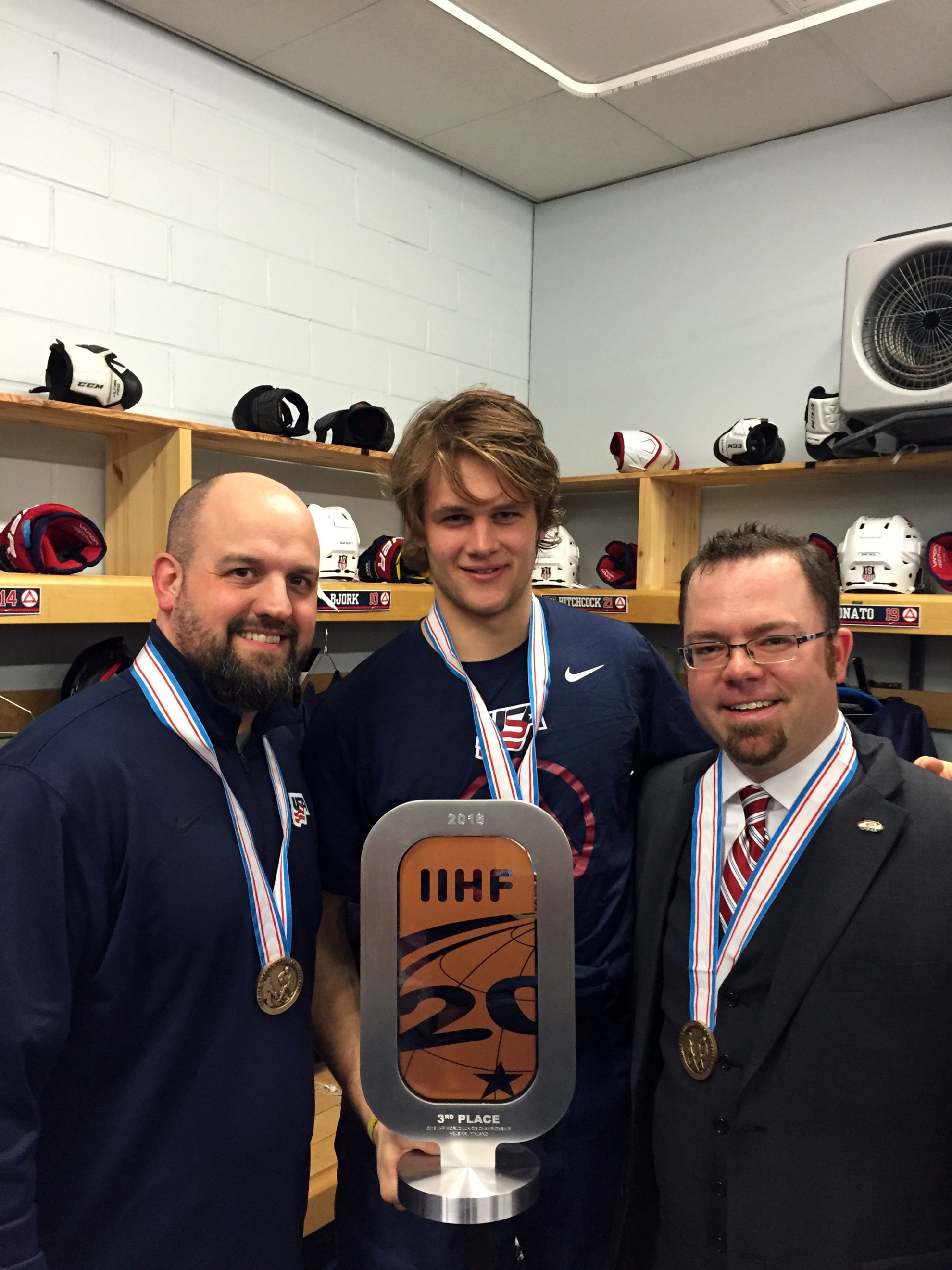 Bjork and Team USA Claim Bronze at the World Junior Championship Dave Gilbert (left), Anders Bjork (center) and Nick Siergiej (right) are pictured after winning the bronze medal with Team USA.