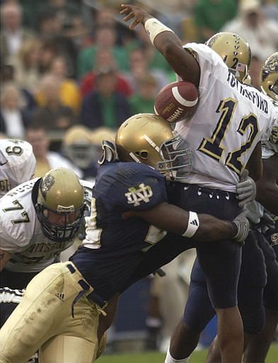 Justin Tuck (shown here causing a fumble vs. Pittsburgh in 2002) is poised to become one of the most dominant defensive players in college football this season.