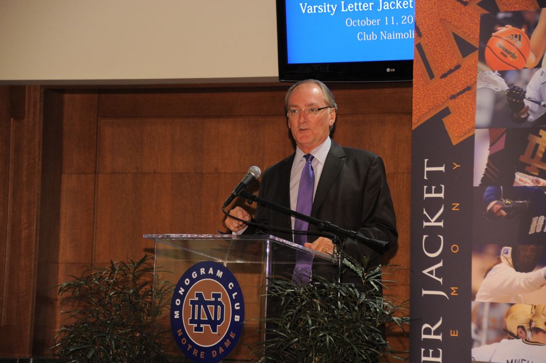 Athletics director Jack Swabrick ('76) addressed 135 first-time Monogram winners at the fall letter jacket ceremony on Oct. 11.