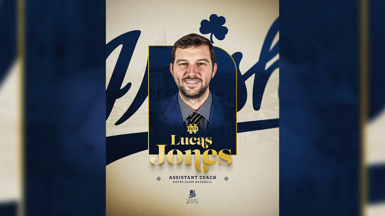 Graphic image featuring Lucas Jones headshot central with blue script "Irish" in background, gold text reading "Lucas Jones" below headshot, and blue text below reading "assistant coach Notre Dame baseball".