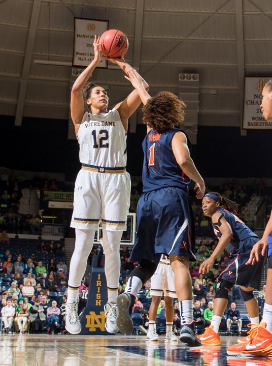 Sophomore forward Taya Reimer (pictured earlier this month against Virginia) turned in the best shooting night of the season by any ACC player on Monday night, making all eight of her field-goal attempts and scoring 16 points in Notre Dame's 68-52 win over No. 8/7 Louisville at Purcell Pavilion.