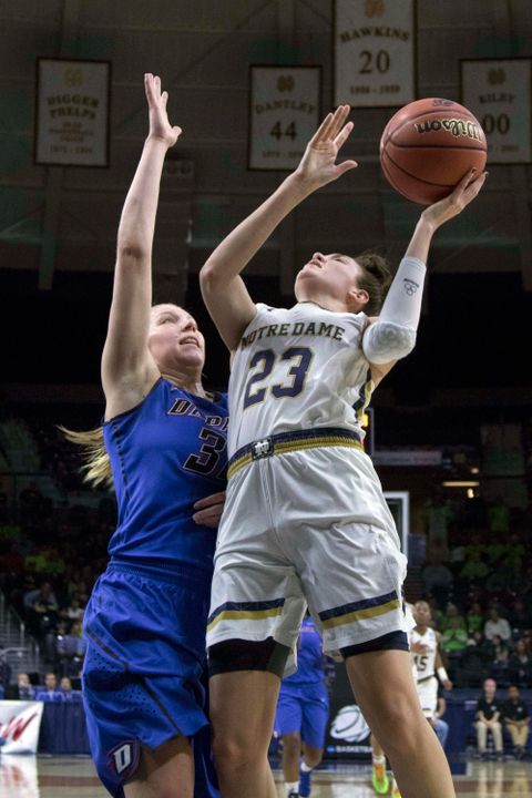 Junior guard/tri-captain Michaela Mabrey helped Notre Dame keep pace early in Sunday's Elite Eight win over Baylor, scoring all 14 of her points in the first half while making all four of her three-point attempts.