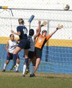 Christie Shaner - shown here scoring in the preseason trip to Brazil - scored a similar header goal to open the scoring in the 3-1 win at WVU.