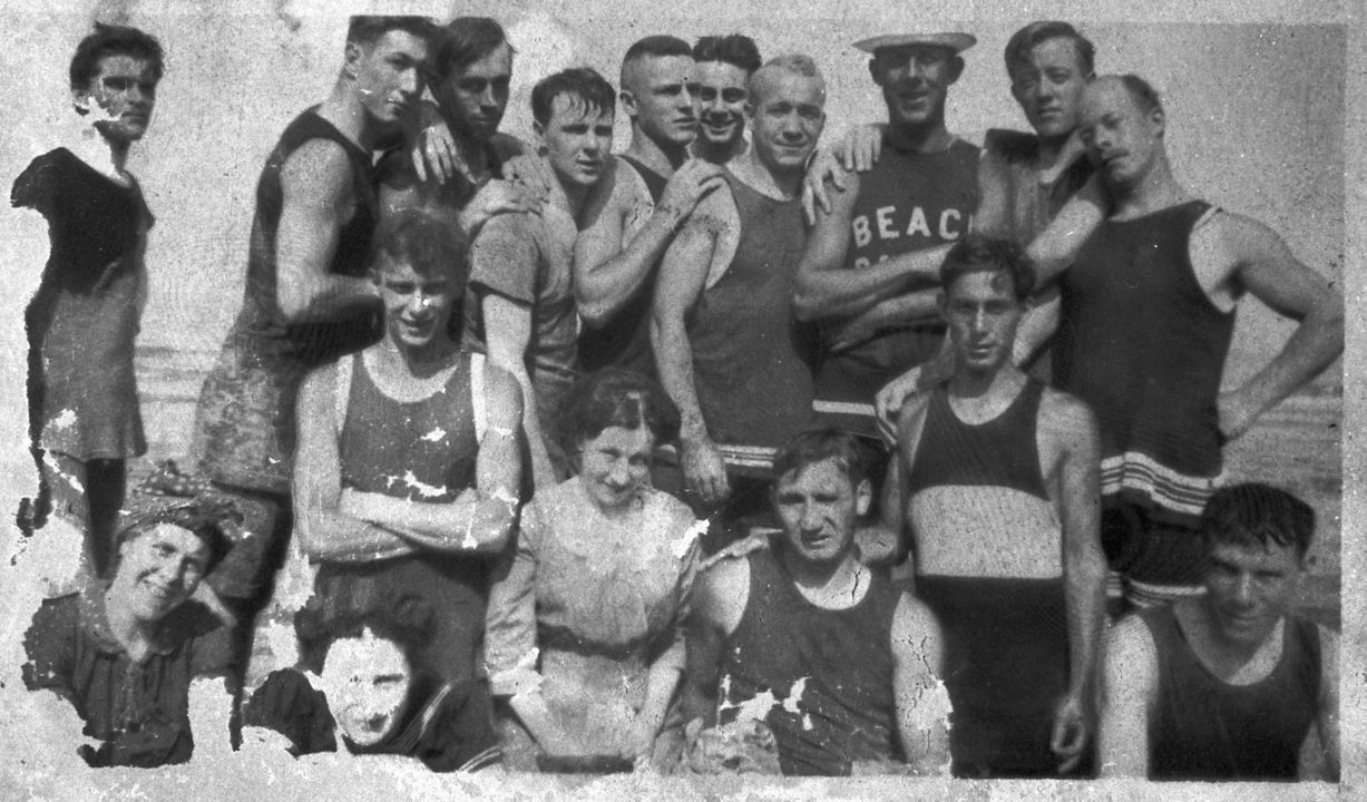 Knute Rockne (second from right, back row) and a group of his friends at Cedar Point during the summer of 1913.