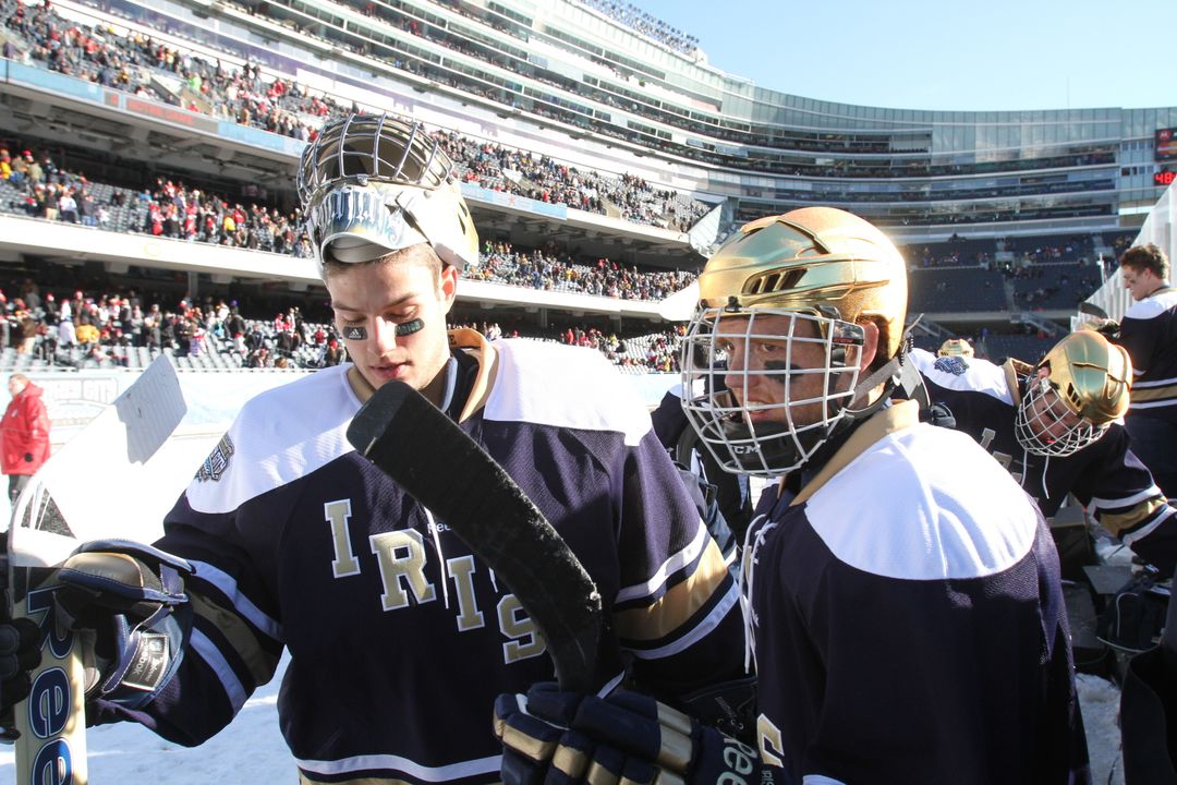 Steven Summerhays leaves the ice following Notre Dame's 2-1 win at Soldier Field.
