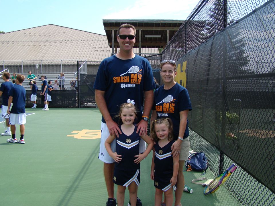 Head coach Ryan Sachire and family pose at the 2013 Smash MS Tennis Clinic. The Irish will host the same clinic from 11-12:30 p.m. ET on Saturday at the Eck Tennis Pavilion.
