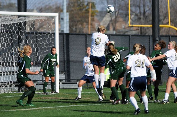 Junior forward Lauren Fowlkes (9) had a goal and an assist to help #5/7 Notre Dame post a 5-0 win over South Florida in the quarterfinals of the BIG EAST Championship on Sunday afternoon at Alumni Stadium.