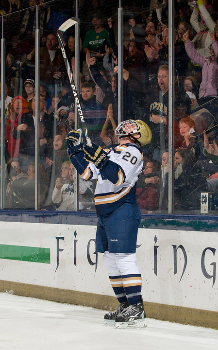 Kevin Nugent celebrates his first collegiate goal, the game winner versus Ferris State.