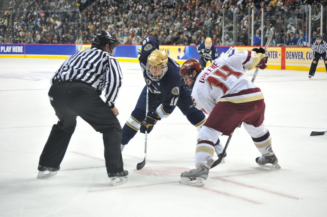 Justin White faces off against Boston College's Matt Greene in the 2008 NCAA Championship game.