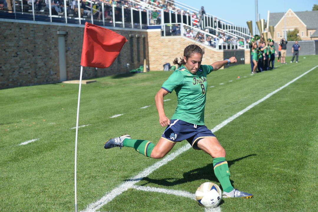 Sophomore midfielder Sabrina Flores rears back to launch a corner kick service during Notre Dame's 2-0 victory over Boston College on Sunday.