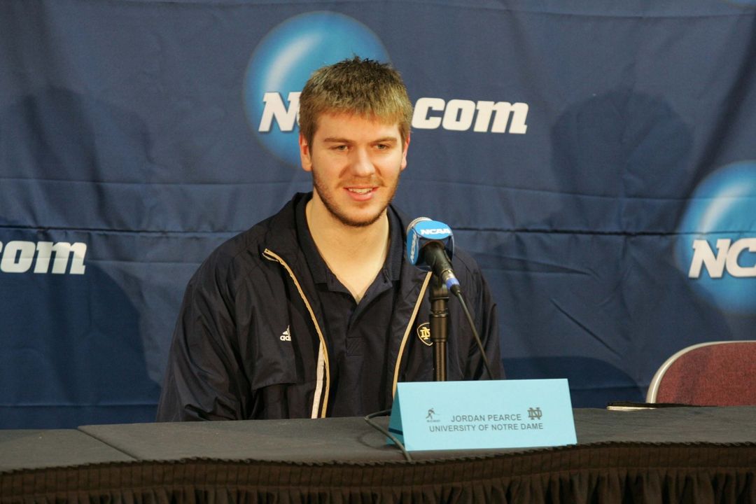 Former Irish goaltender Jordan Pearce speaks to the media at the 2008 NCAA West Regional in Colorado Springs, Colo.