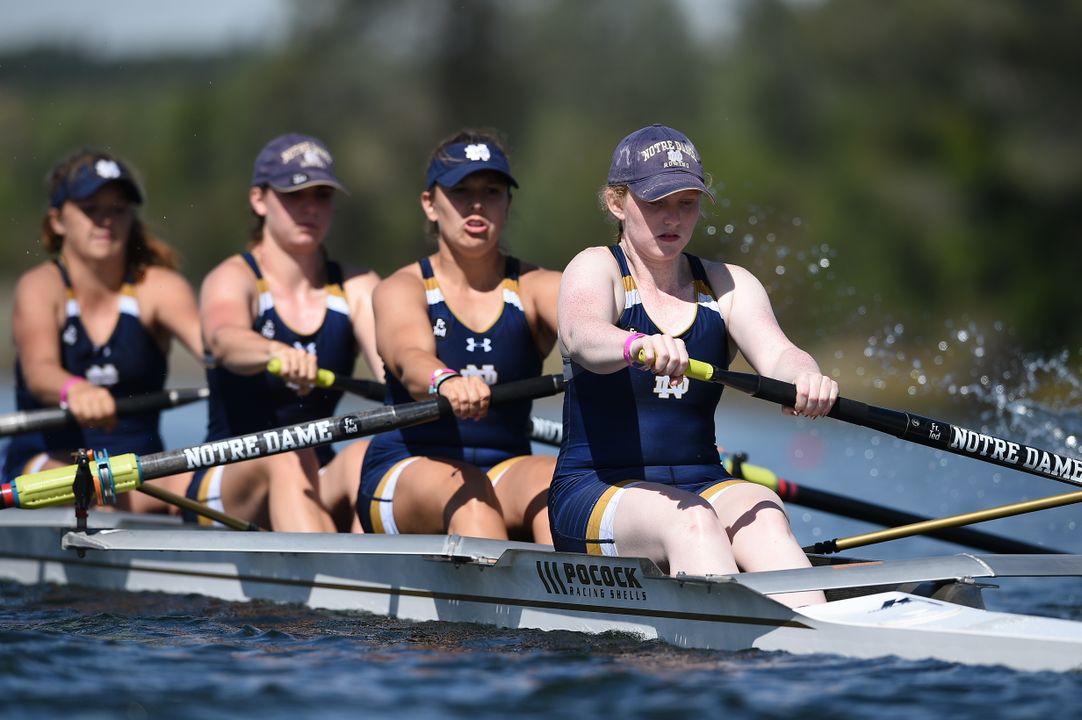 The Notre Dame first varsity four qualified for the petite final of the NCAA Championship for the fourth straight year on Saturday at the Sacramento State Aquatic Center