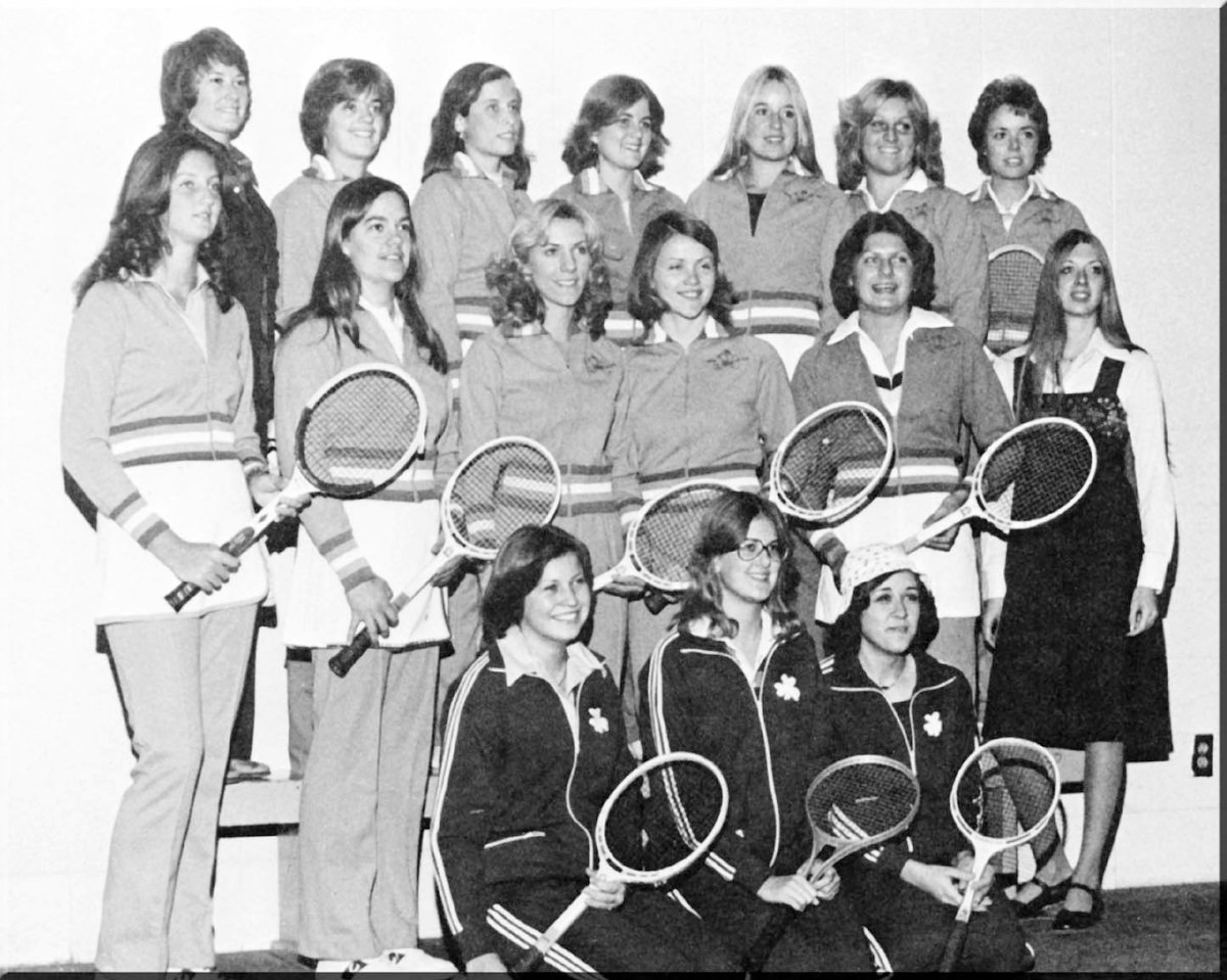 Notre Dame Trailblazers Notre Dame fielded its first varsity women's tennis team in 1976, four years after the University admitted women as undergraduate students. Front row: (from left) Mary Singer, Kathy Juba and Monica Stupke. Second Row: Mary Cushing, Jane Lammers, Anne Gardner, Ginger Siefring, Mary Shukis and manager Roberta Kilpatrick. Third row: Head Coach Kathy Cordes, Linda Sisson, Sue Flanigan, Sharon Sullivan, Diane Shillingbury, Ellen Callahan and Paddy Mullen.