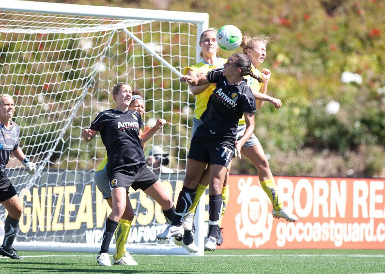Former Notre Dame women's soccer standout Shannon Boxx ('99) goes up for a header during Sunday's WPS Championship Match in Hayward, Calif. Boxx and fellow Irish alums Candace Chapman ('05) and Carrie Dew ('09) helped FC Gold Pride to a 4-0 win over the visiting Philadelphia Independence to secure their first WPS title.
