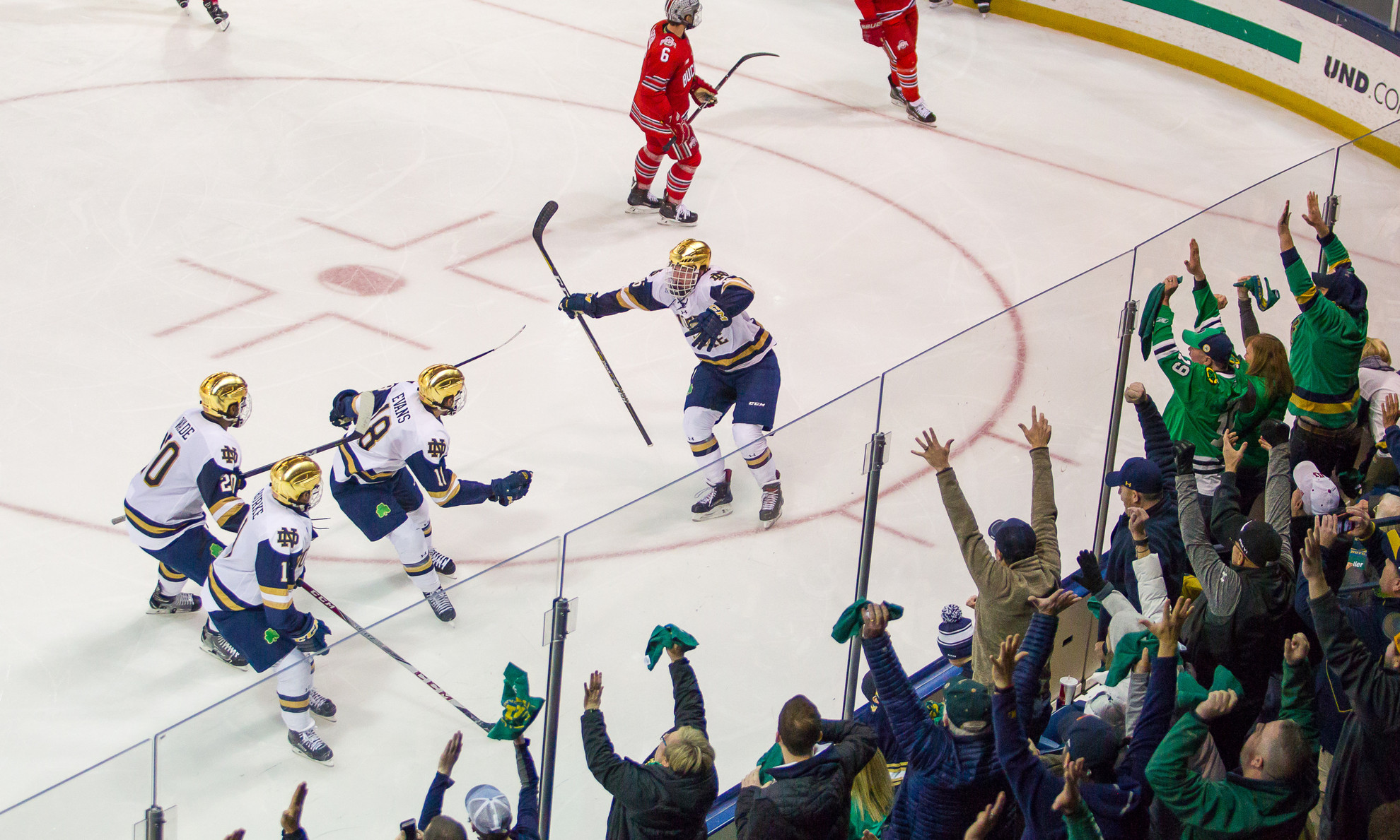 Hockey Ticketing Information Announced during 2nd period action between University of Notre Dame vs Ohio State University during the Big Ten Finals at Compton Family Ice Arena in South Bend, Indiana.
Photo Credit: Mike Miller/Fighting Irish Media