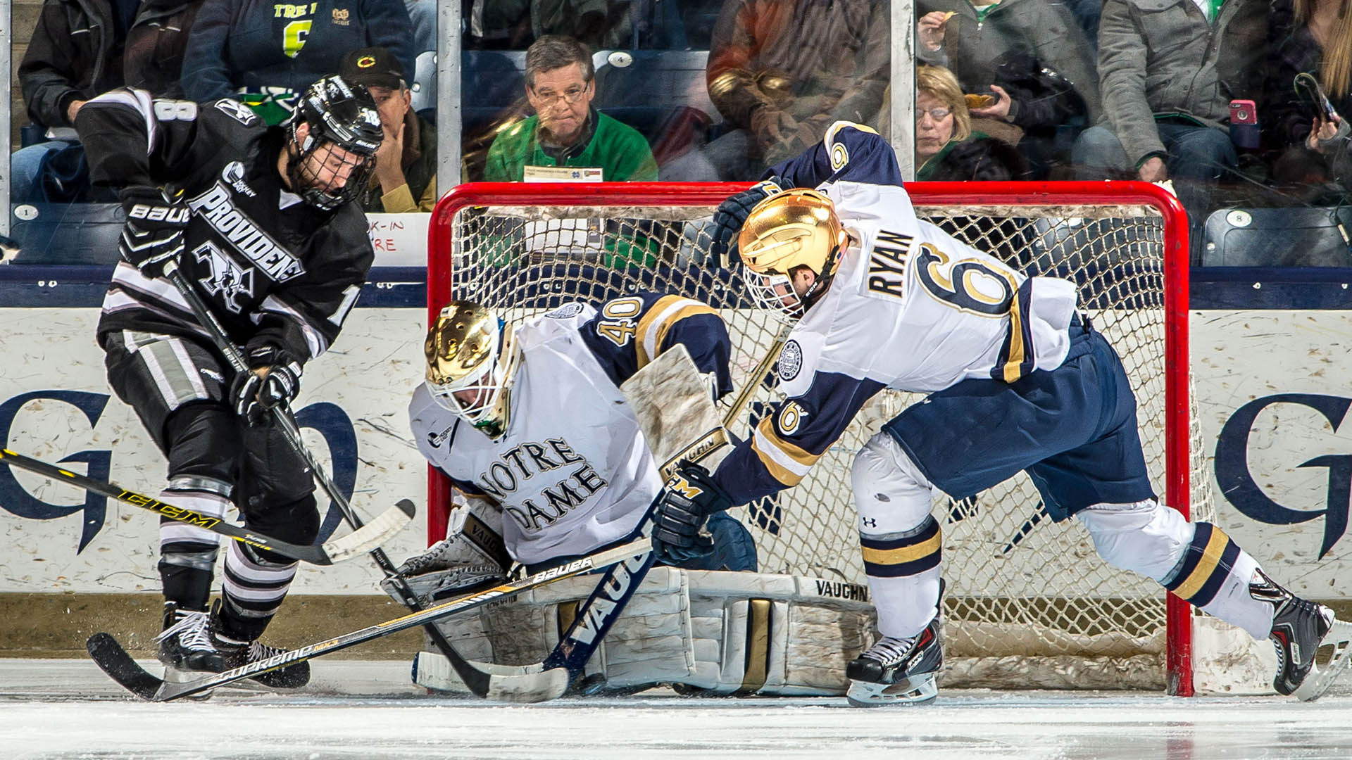#7 Irish Hit the Road for Showdown at #5 Providence Cal Petersen had a 38-save shutout against Providence last season.