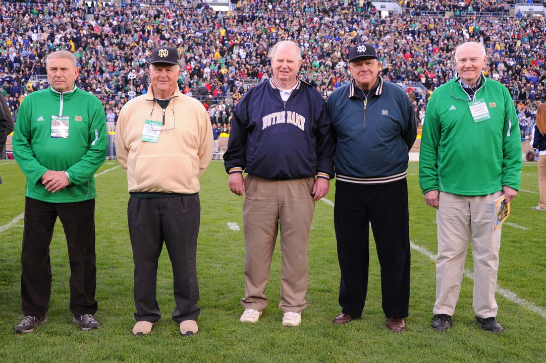 (left to right): Elmer Kohorst ('57) and Jim Morris ('58) were honored on the field prior to the Notre Dame-BYU football game as members of the 1957 Notre Dame baseball team that reached the College World Series (photo courtesy of Mike Bennett).
