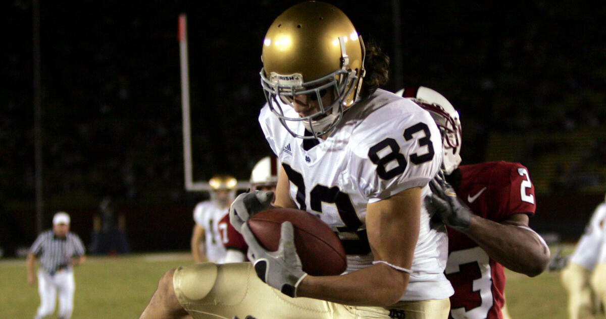 No. 6 Notre Dame BCS Eligible With 38-31 Win Over Stanford Jeff Samardzija catches a touchdown pass in front of Stanford safety Brandon Harrison. (AP Photo/Paul Sakuma)