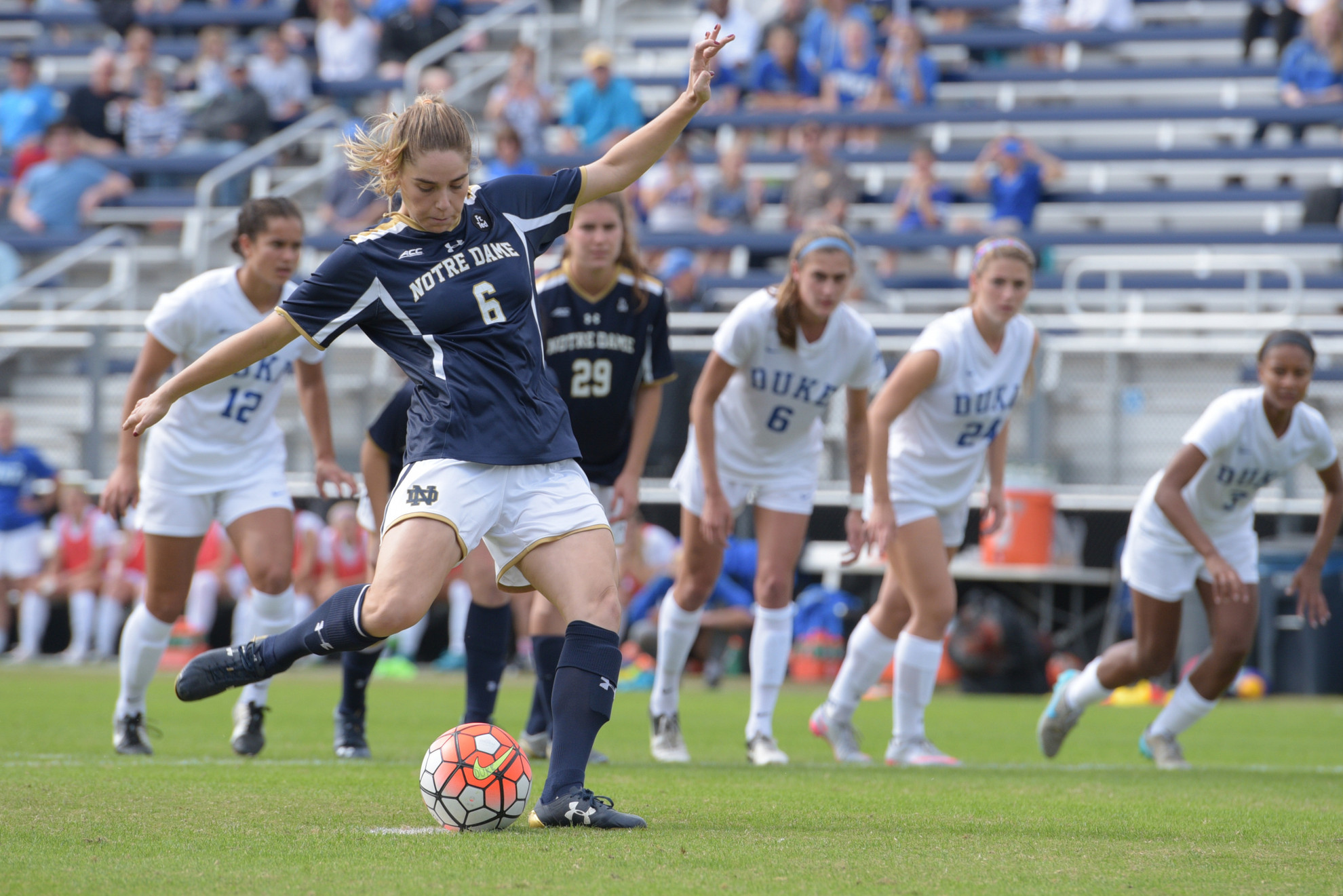 #15/8 Irish Defeat #22 Blue Devils 1-0 Anna Maria Gilbertson takes the penalty kick that gave the Irish an early 1-0 lead over Duke Sunday at Koskinen Stadium.