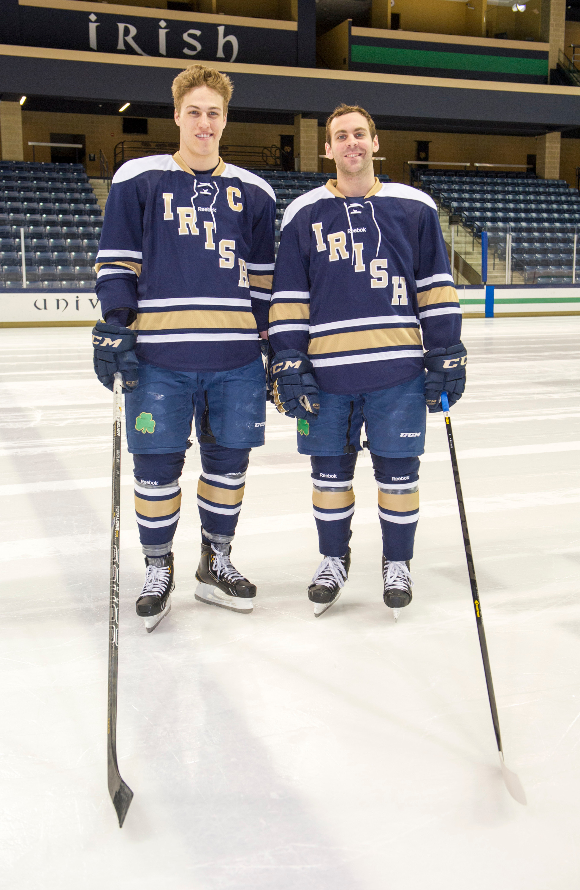 Irish To Unveil Throwback Jerseys At OfficeMax Hockey City Classic Anders Lee (left) and Sam Calabrese (left) wearing the throwback jerseys that Notre Dame will wear in the OfficeMax Hockey City Classic on Feb. 17 at Chicago's Soldier Field.