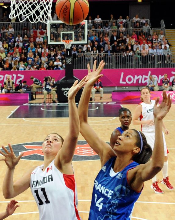 Notre Dame junior forward Natalie Achonwa (left, #11) averaged 7.2 points, 3.8 rebounds and 2.2 assists per game at the 2012 Summer Olympics in London, helping Canada reach the Olympic quarterfinals for the first time since 1984.