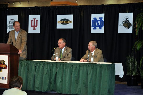 Notre Dame director of athletics Jack Swarbrick addresses members of the media during Monday's press conference at Conseco Fieldhouse in Indianapolis to announce the formation of the Crossroads Classic.