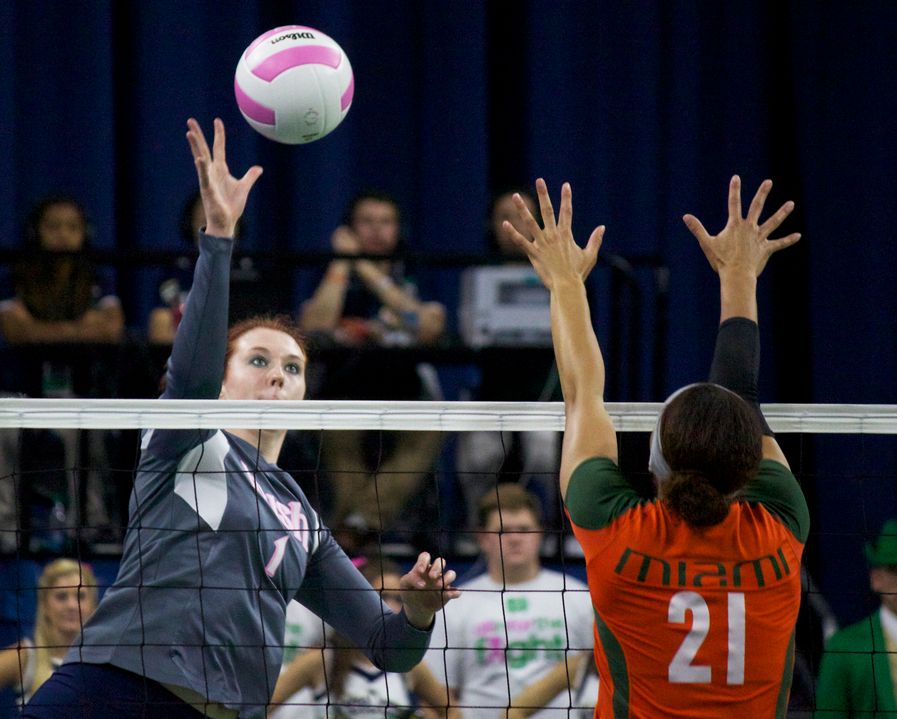 Senior Andie Olsen had 12 kills and hit .409 for the night as the Irish bested Maryland, 3-1, Friday night.