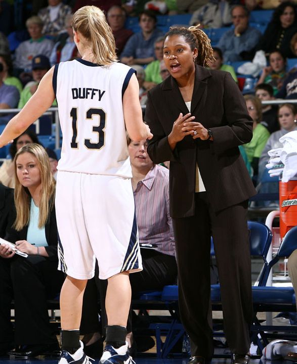 Longtime Notre Dame associate head coach Coquese Washington (shown here with one of her All-America guard pupils Megan Duffy) was named the new head coach at Penn State on Monday.