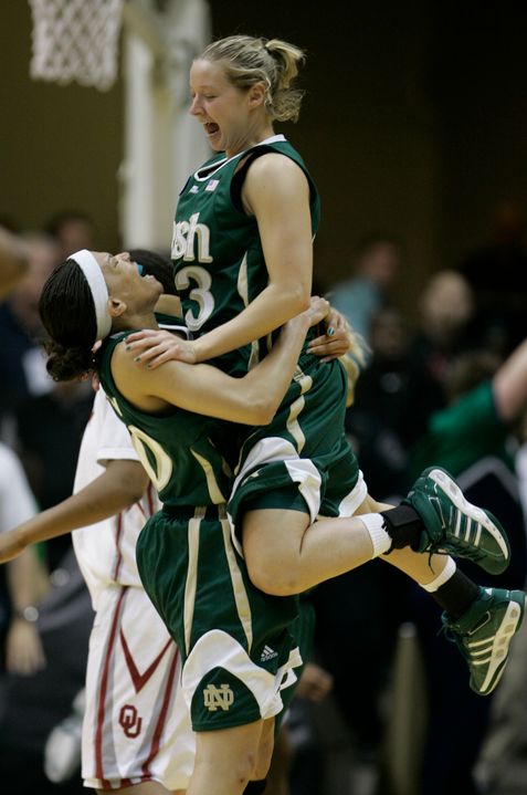 Ashley Barlow and Melissa Lechlitner celebrate after defeating Oklahoma in the 2008 NCAA tournament (AP)