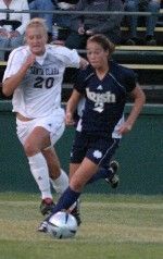 Kerri Hanks put on the pressure that led to Notre Dame's goal but her season-opening goal streak came to an end in the 2-1 loss to 6th-ranked Santa Clara (photo by Pete LaFleur).