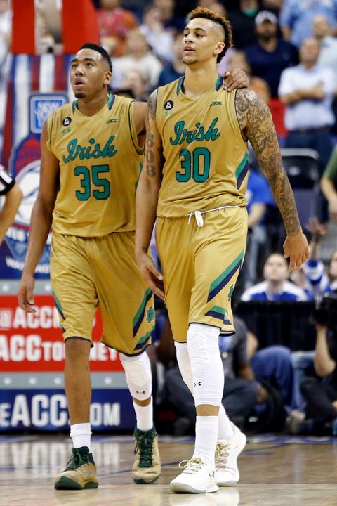 Sophomore Bonzie Colson (left) and senior Zach Auguste (right) will take on the winner of Michigan/Tulsa on Friday, March 18, in the Barclays Center at approximately 9:30 p.m. ET.
