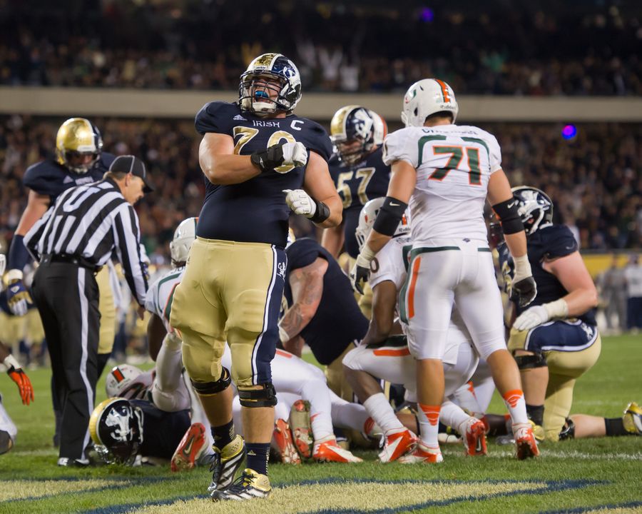 Zack Martin in action against the Miami Hurricanes on Oct. 6th, 2012, in the Shamrock Series game at Soldier Field.