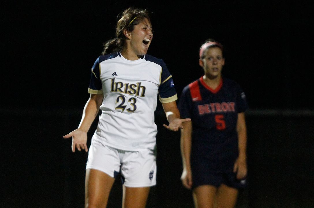 Freshman midfielder Emily Geyer put the exclamation point on Notre Dame's 4-0 win over Detroit Sunday night, scoring her first career goal with 55 seconds to play.