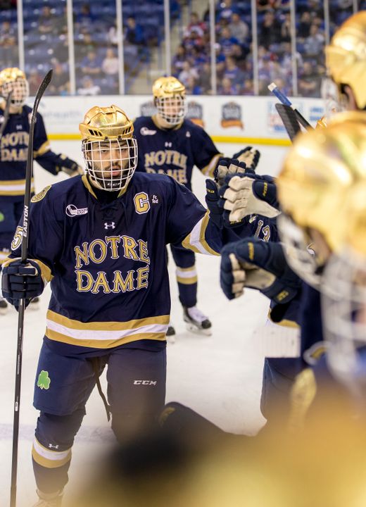 Robbie Russo celebrating one of his 15 goals this year, the most nationally by a defenseman.