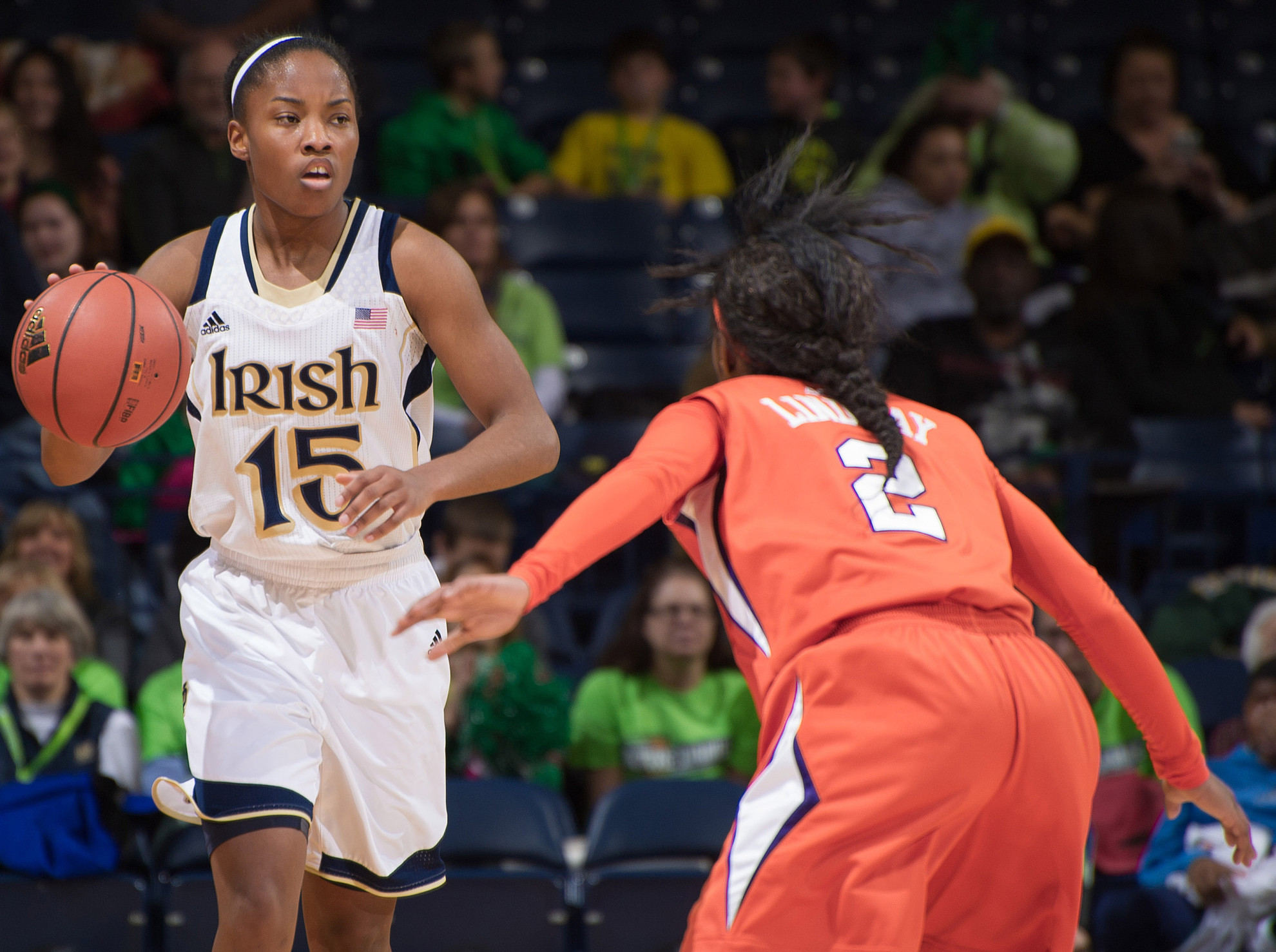No. 2 Irish Top Clemson in ACC Debut, 71-51 Freshman guard Lindsay Allen dribbles during Notre Dame's 71-51 win over Clemson on Sunday at Purcell Pavilion.
