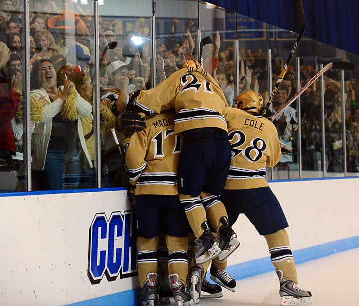 Irish Drop 3-2 Decision To Boston College The Irish celebrate Calle Ridderwall's first-period goal against Boston College.