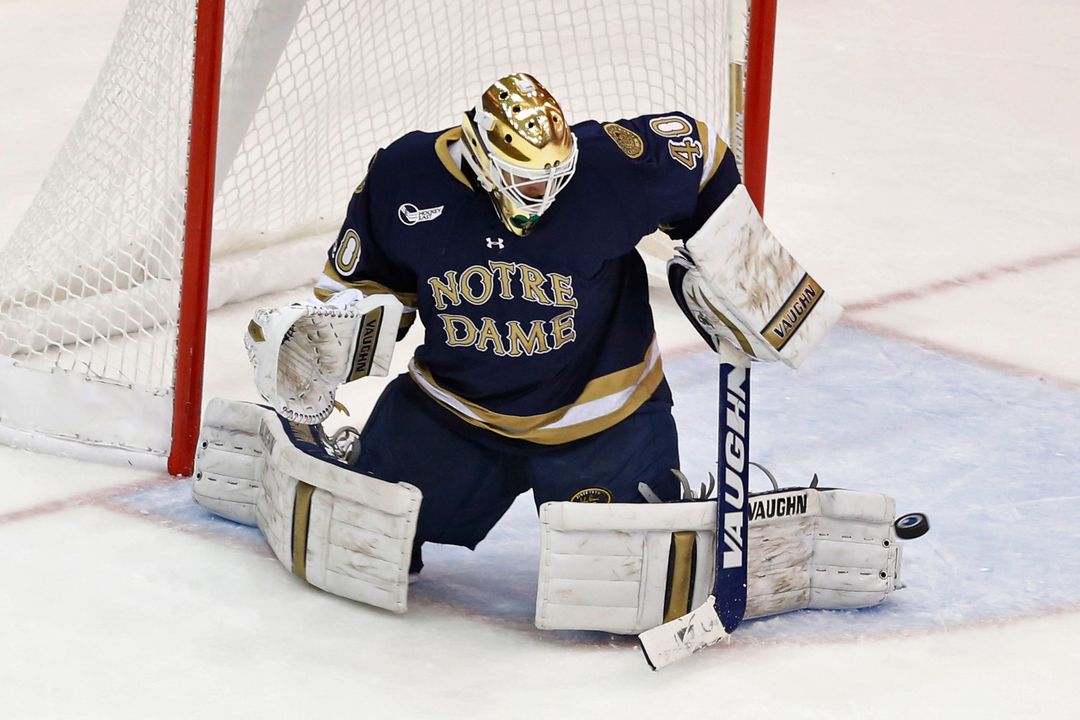 Cal Petersen made 37 saves in the Notre Dame net on Friday night.