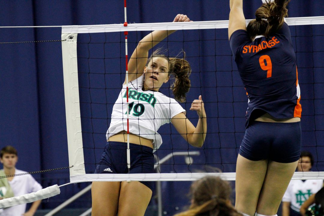 Sophomore Jeni Houser had 14 kills, while hitting .407, in Notre Dame's 3-1 win over Seton Hall on Saturday.