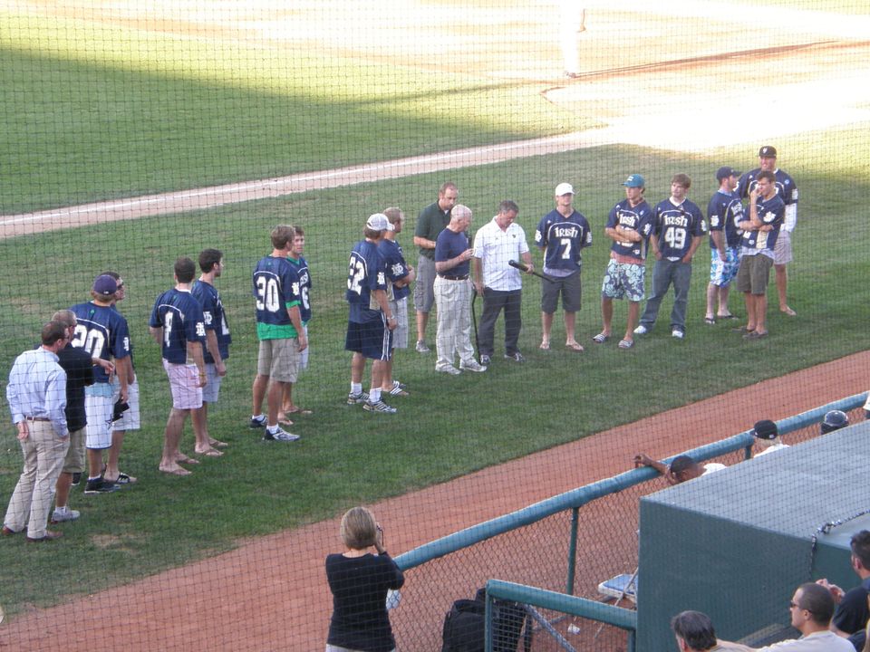 Silver Hawks president Joe Kernan (left), the former Governor of Indiana and former Mayor of South Bend, thanked Irish head coach Kevin Corrigan (right) for his team's success on and off the field.