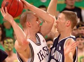 No. 22 Notre Dame Holds Off Villanova Notre Dame guard Colin Falls, left, attempts to drive the lane while Villanova guard Mike Nardi defends during first half action. (AP Photo/Joe Raymond)