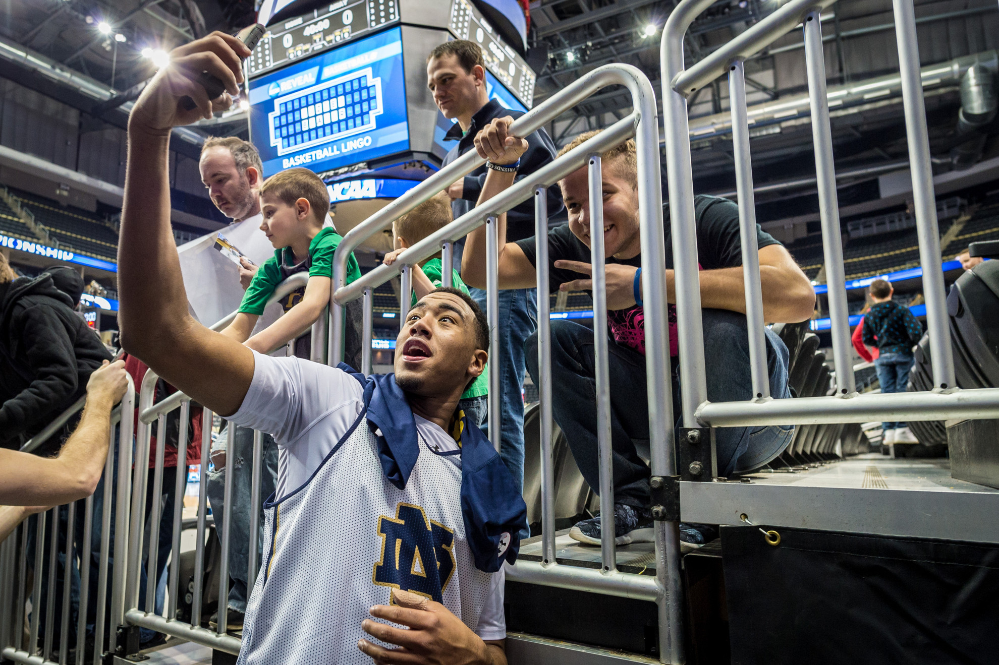 Irish in the 2015 NCAA Championships: The Notre Dame Men in Pittsburgh Freshman Bonzie Colson enjoying his first-ever NCAA Tournament experience (Photo by Matt Cashore, University of Notre Dame).
